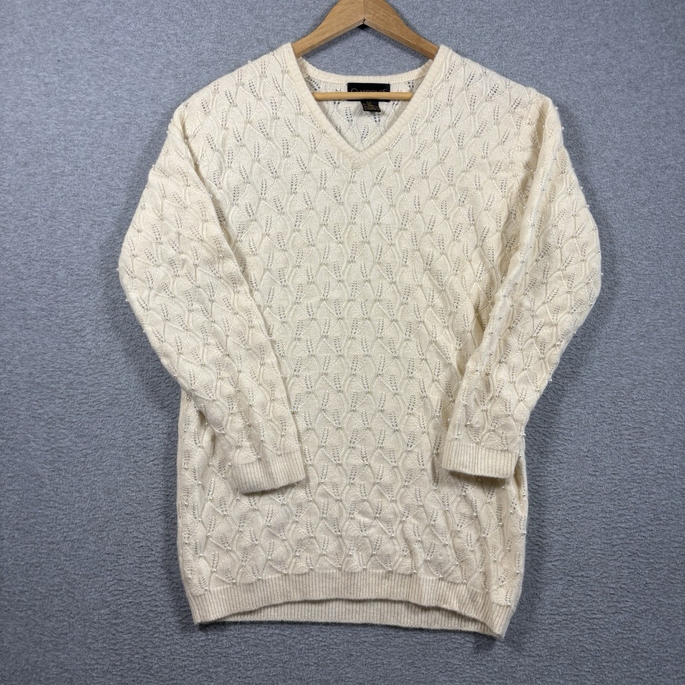 Classiques XS Lambswool Angora Pearl Beaded Cable Knit V-Neck Sweater Cream VTG